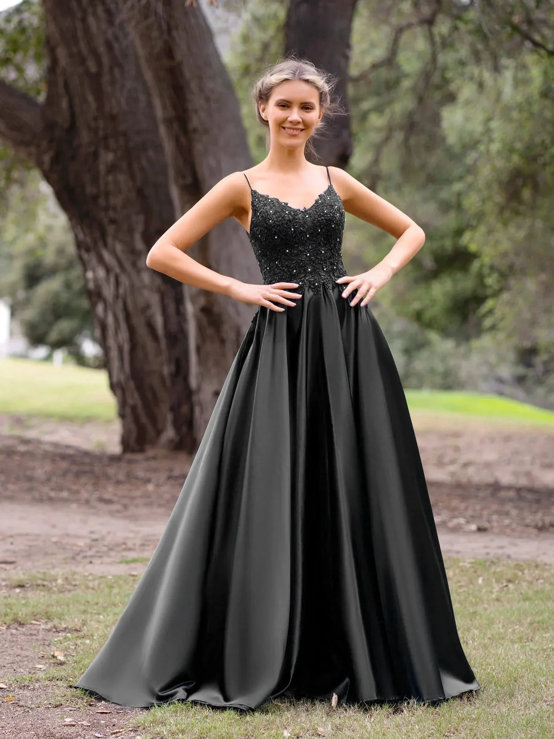 V-Neck Lace Stain A-Line Floor-length Evening Dress - Image 5