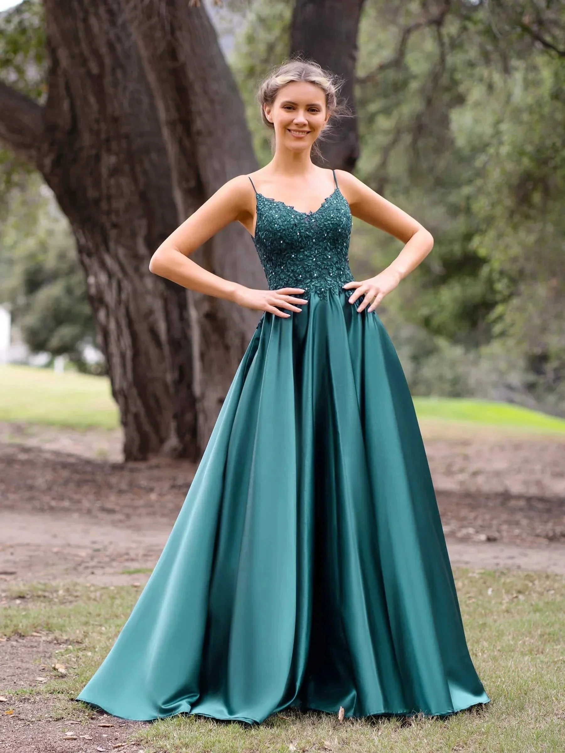 V-Neck Lace Stain A-Line Floor-length Evening Dress - Image 6