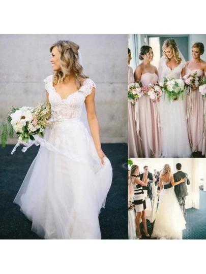 V-Neck Lace Tulle Cap Sleeve A-Line Wedding Dress WD136 - Image 3
