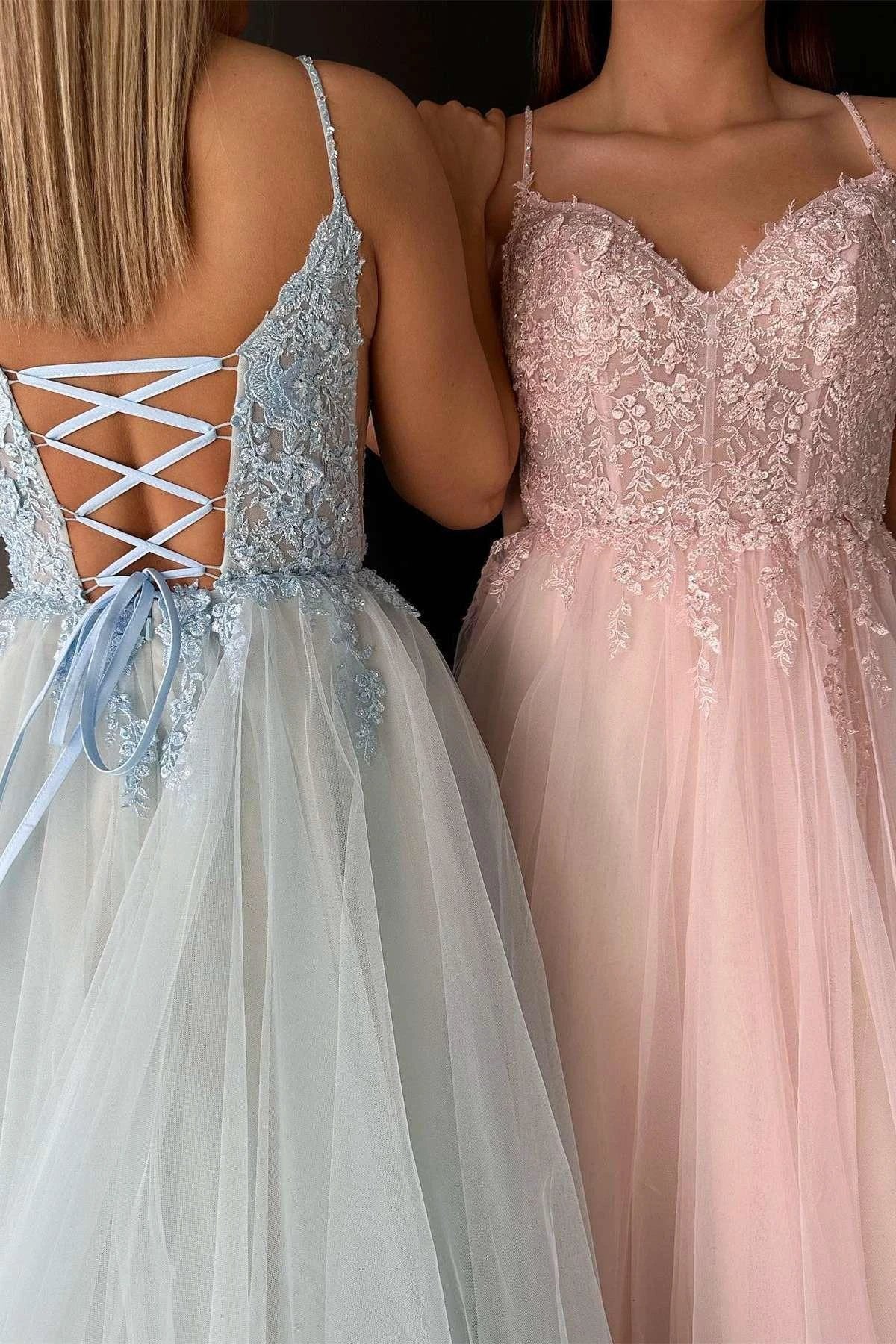 Aileen | V-Neck Lace-Up Appliques Tulle A-Line Prom Dress - Image 3