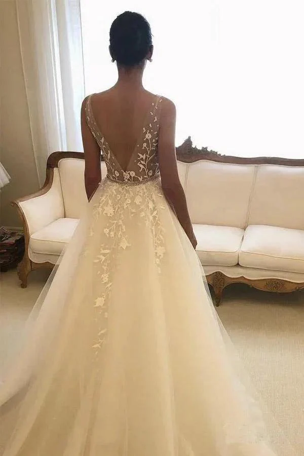 V Neck Lace Wedding Dresses Backless Rustic Wedding Dress  WD334 - Image 2