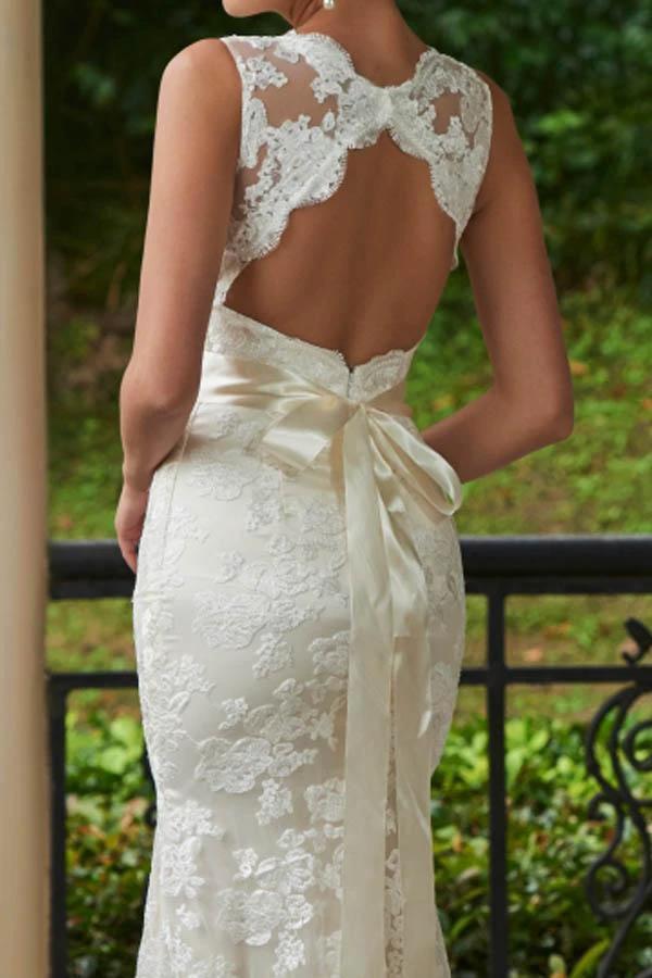 V-Neck Lace Zipper-Up Sheath Sweep Train Wedding Dress WD135 - Image 2