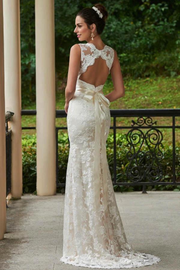 V-Neck Lace Zipper-Up Sheath Sweep Train Wedding Dress WD135 - Image 3