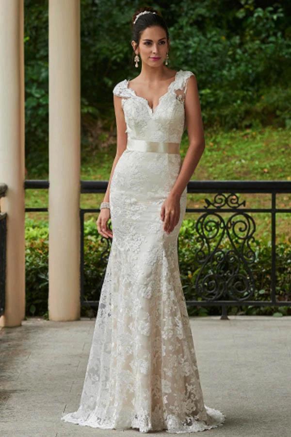 V-Neck Lace Zipper-Up Sheath Sweep Train Wedding Dress WD135 - Image 4