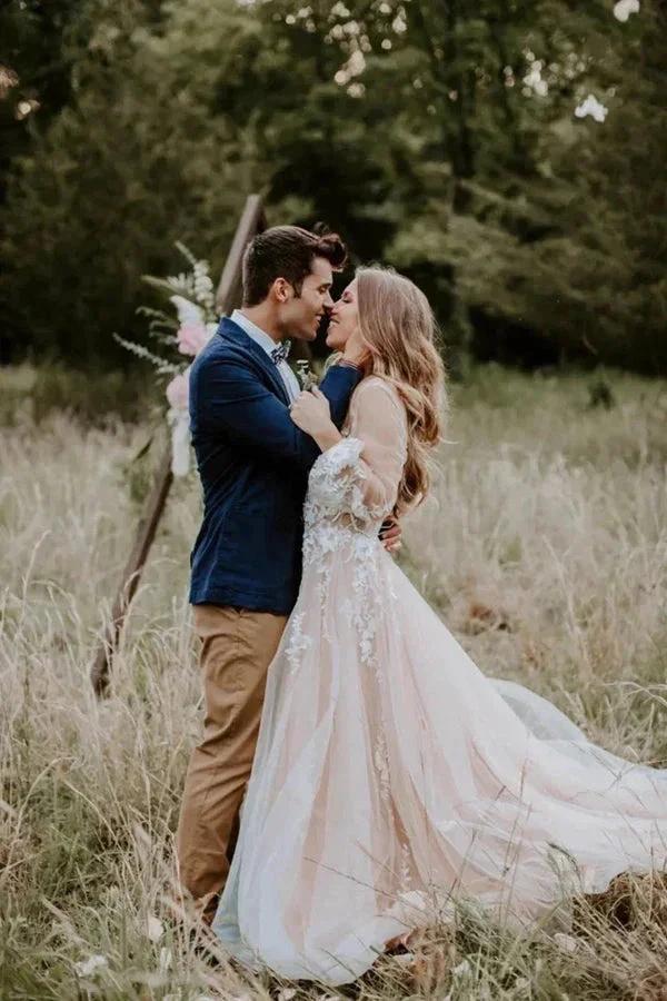 V Neck Long Sleeve Wedding Dress Rustic Wedding Gown WD725 - Image 2