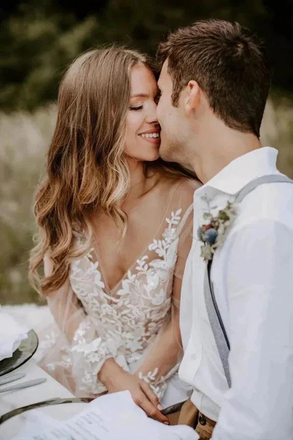 V Neck Long Sleeve Wedding Dress Rustic Wedding Gown WD725 - Image 3