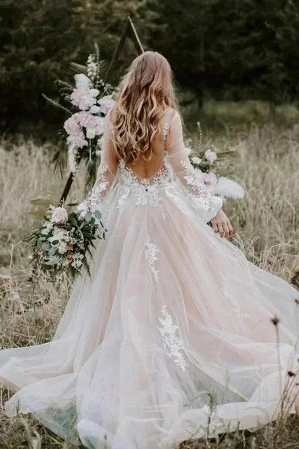 V Neck Long Sleeve Wedding Dress Rustic Wedding Gown WD725 - Image 5