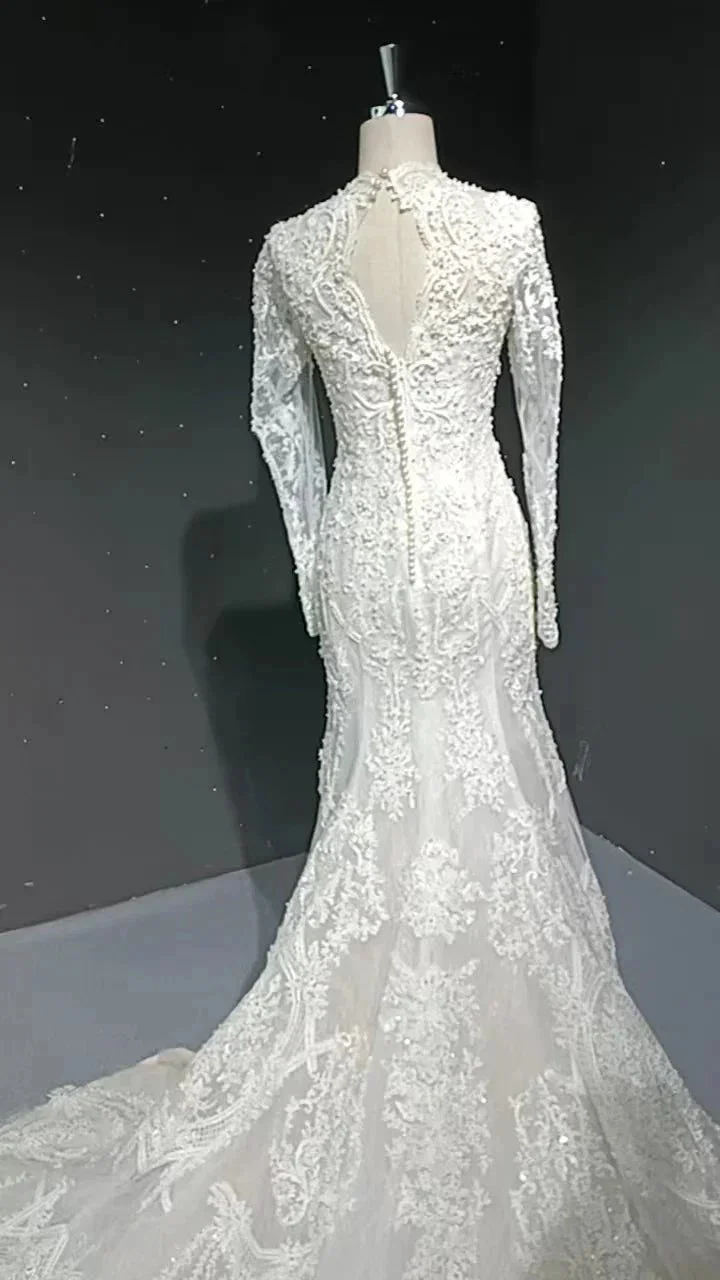 V-neck long sleeved luxurious nail bead trailing bridal veil - Image 2