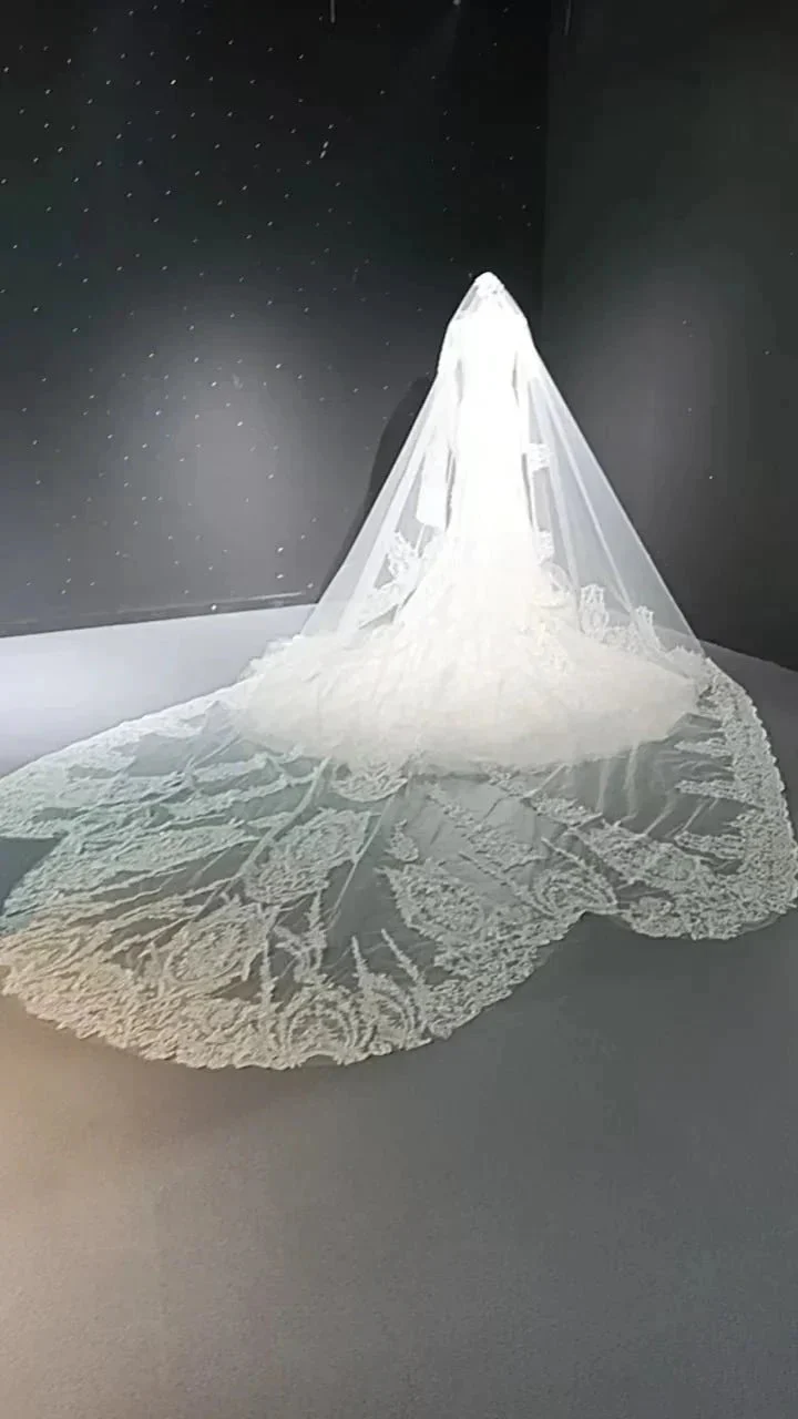 V-neck long sleeved luxurious nail bead trailing bridal veil - Image 4
