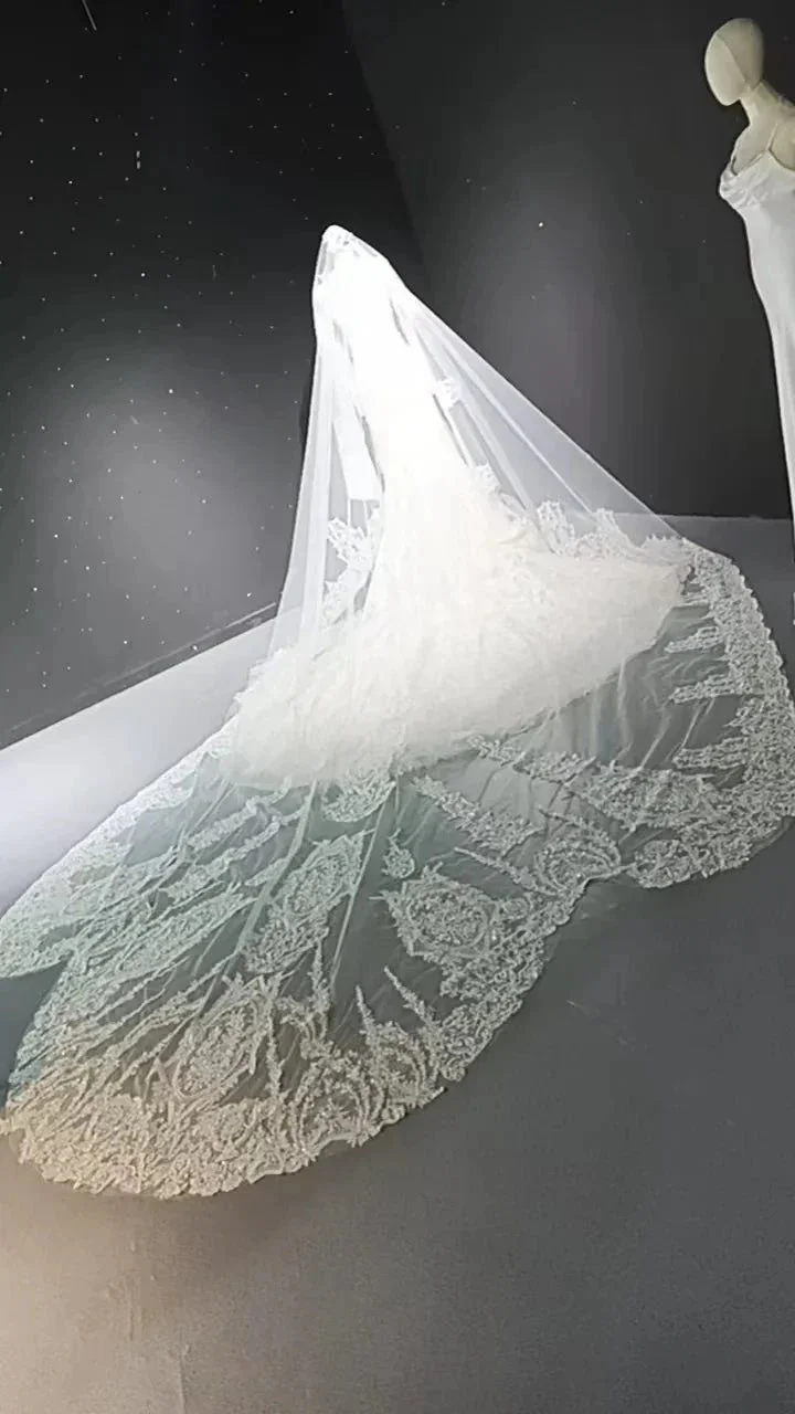 V-neck long sleeved luxurious nail bead trailing bridal veil - Image 7