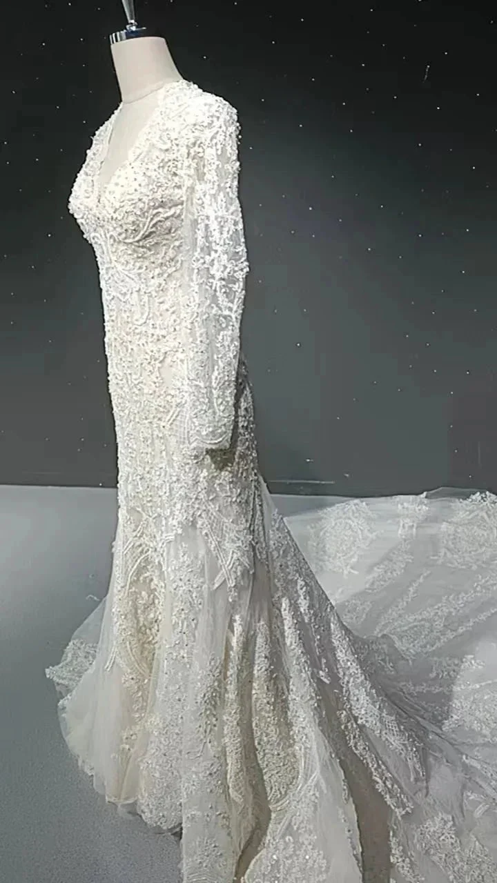 V-neck long sleeved luxurious nail bead trailing bridal veil - Image 8