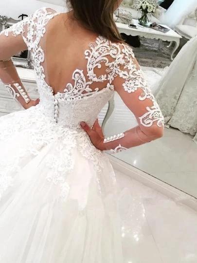V-Neck Long Sleeves Appliques Watteau Train Wedding Dress  WD167 - Image 2