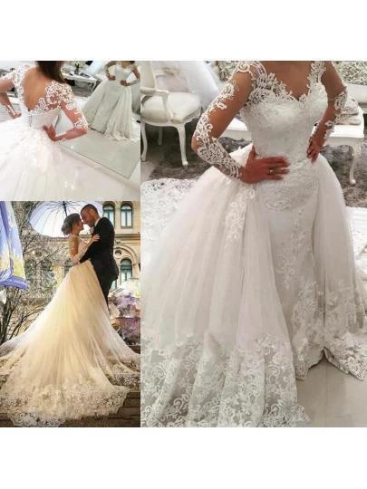 V-Neck Long Sleeves Appliques Watteau Train Wedding Dress  WD167 - Image 3