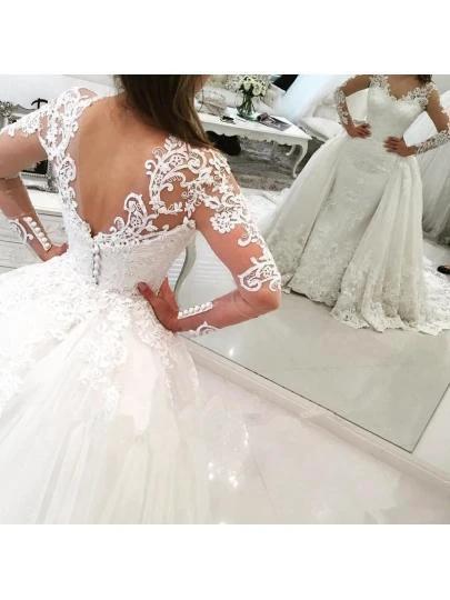 V-Neck Long Sleeves Appliques Watteau Train Wedding Dress  WD167 - Image 4