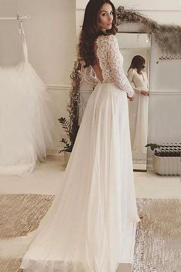 V-Neck Long Sleeves Backless Ivory Chiffon Wedding Dress with Lace WD153 - Image 2