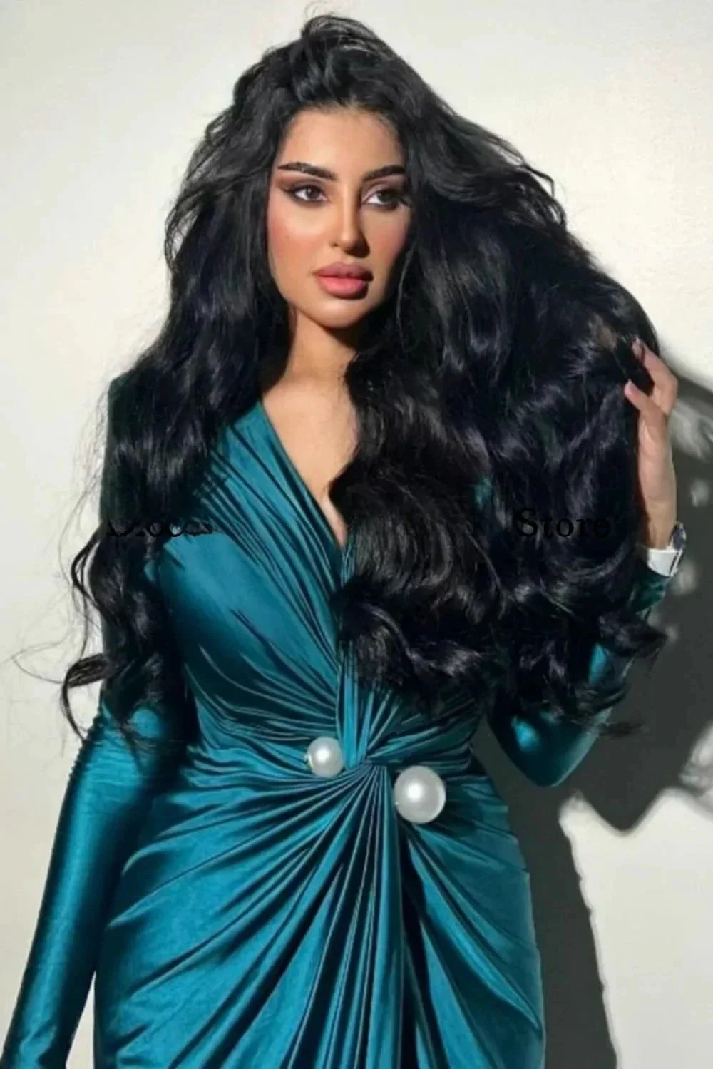 V-neck Long Sleeves Formal Evening Dress Pearls Ruched Floor-length Elegant Women Wedding Party Dresses For Prom - Image 2