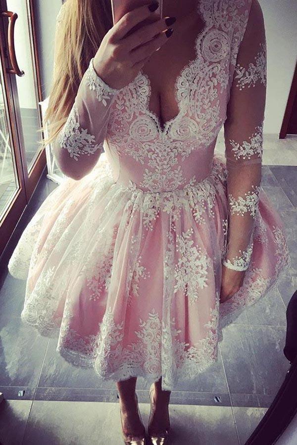 V-Neck Long Sleeves Short Pink Tulle Homecoming Dress with Appliques  PG160 - Image 2