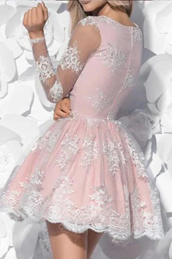 V-Neck Long Sleeves Short Pink Tulle Homecoming Dress with Appliques  PG160 - Image 3