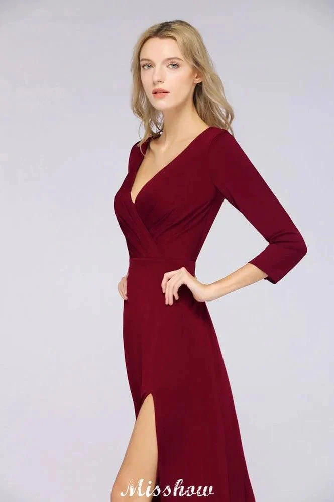 V-Neck Long-Sleeves Side-Slit Floor-Length Bridesmaid Dress with Ruffles - Image 3