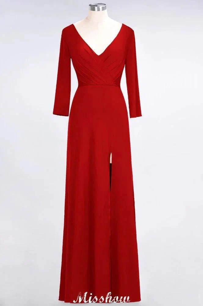 V-Neck Long-Sleeves Side-Slit Floor-Length Bridesmaid Dress with Ruffles - Image 4