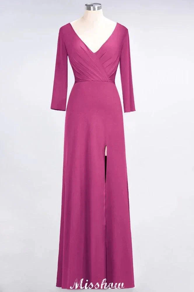 V-Neck Long-Sleeves Side-Slit Floor-Length Bridesmaid Dress with Ruffles - Image 5