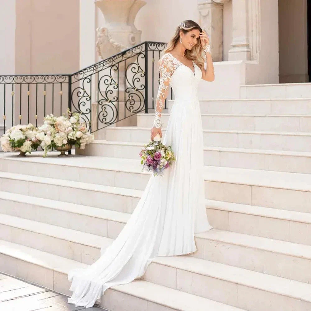V Neck Long Sleeves Wedding Dresses Open Back White Lace Applique Bridal Dress For Wedding Party Country Vestido De Novia A-line - Image 2