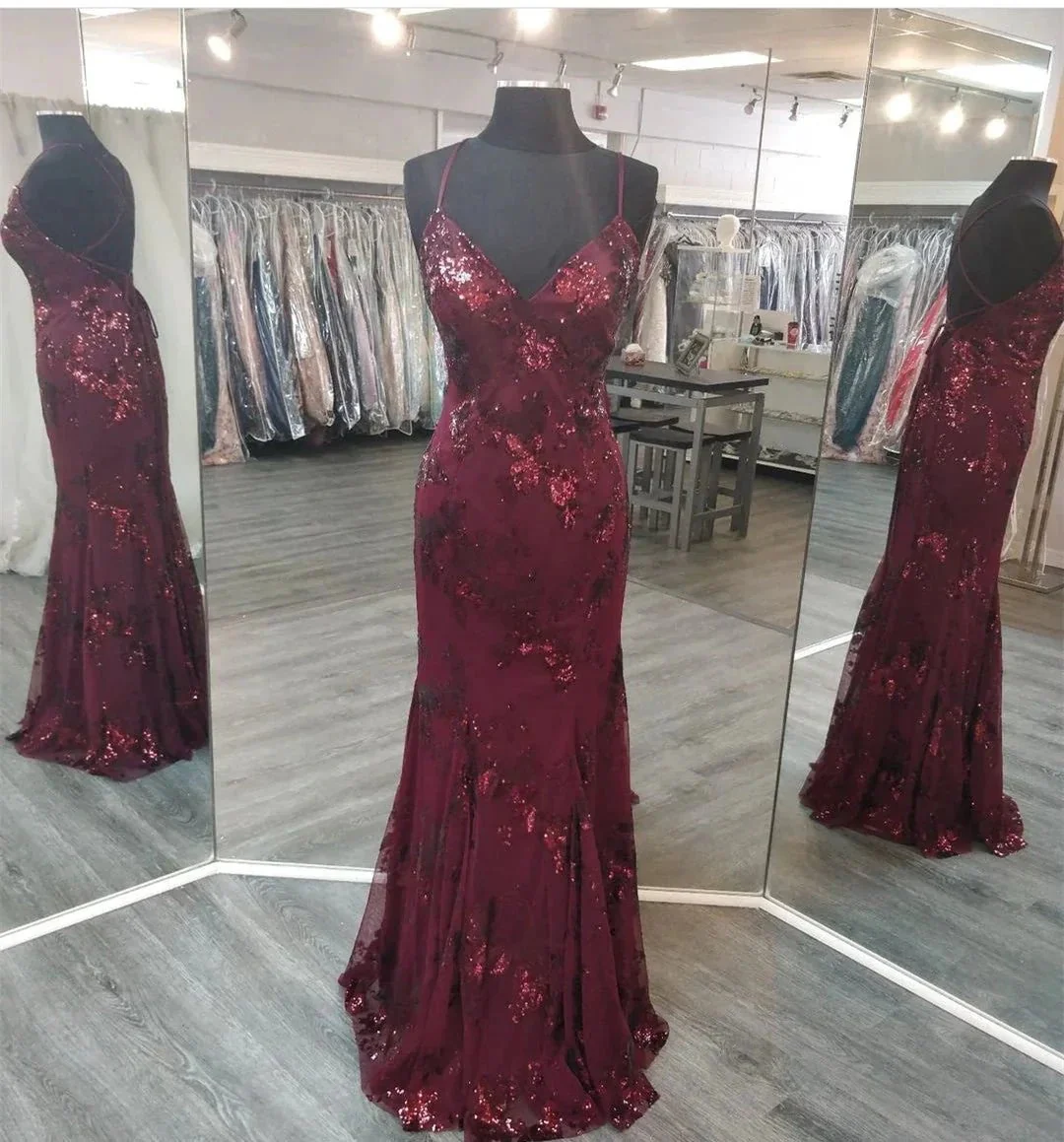 V Neck Maroon Prom Dresses Evening Gowns with Sequin Appliques Y1214 - Image 2