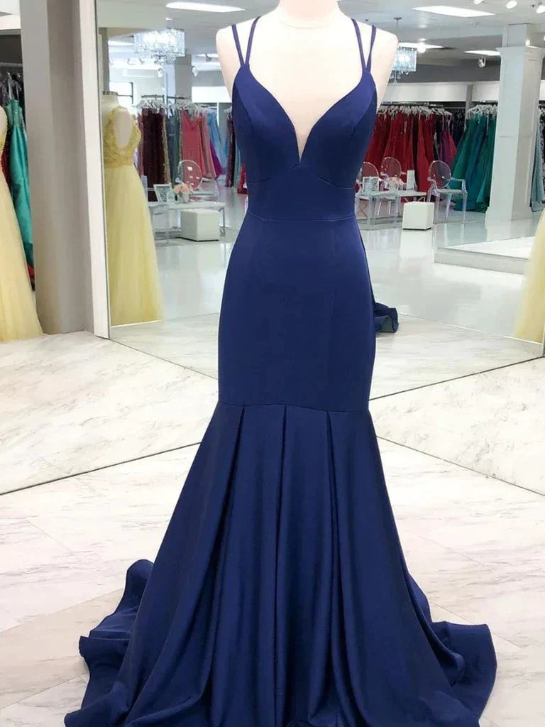 V Neck Mermaid Dark Navy Blue Prom Dresses, Navy Blue Mermaid Long Formal Evening Dresses Y234 - Image 2