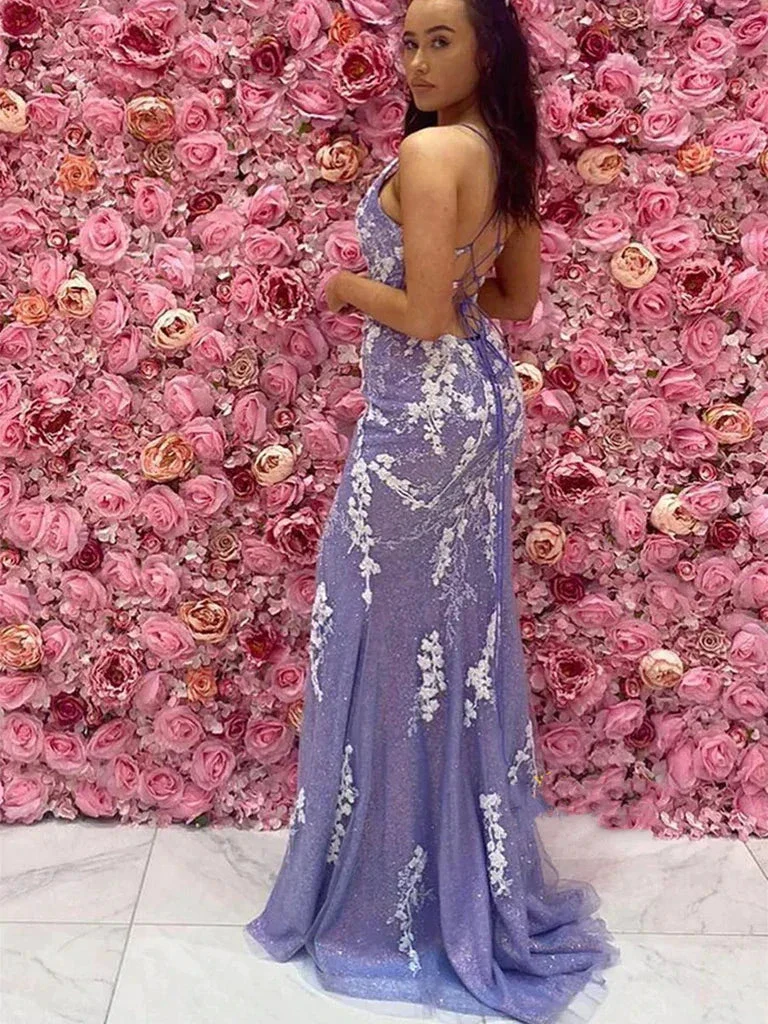 V Neck Mermaid Open Back Purple Lace Long Prom Dresses with High Slit, Mermaid Purple Formal Graduation Evening Dresses Y344 - Image 2