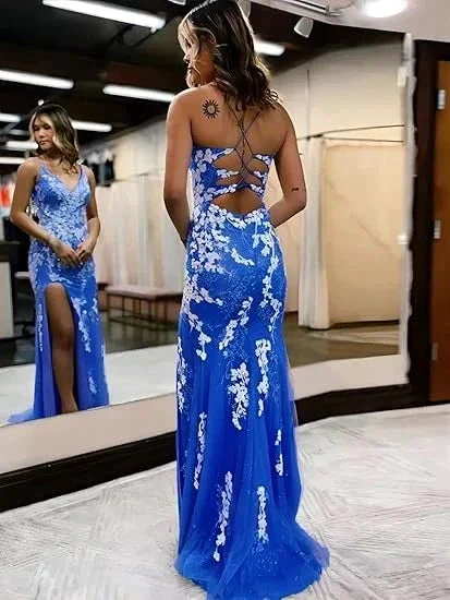 V Neck Mermaid Open Back Purple Lace Long Prom Dresses with High Slit, Mermaid Purple Formal Graduation Evening Dresses Y344 - Image 4