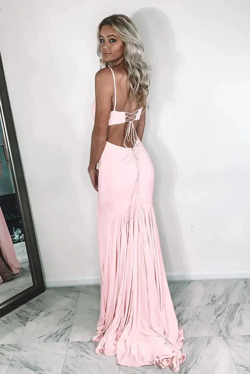 V Neck Mermaid Pink Prom Dress With Slit SYP108 - Image 2