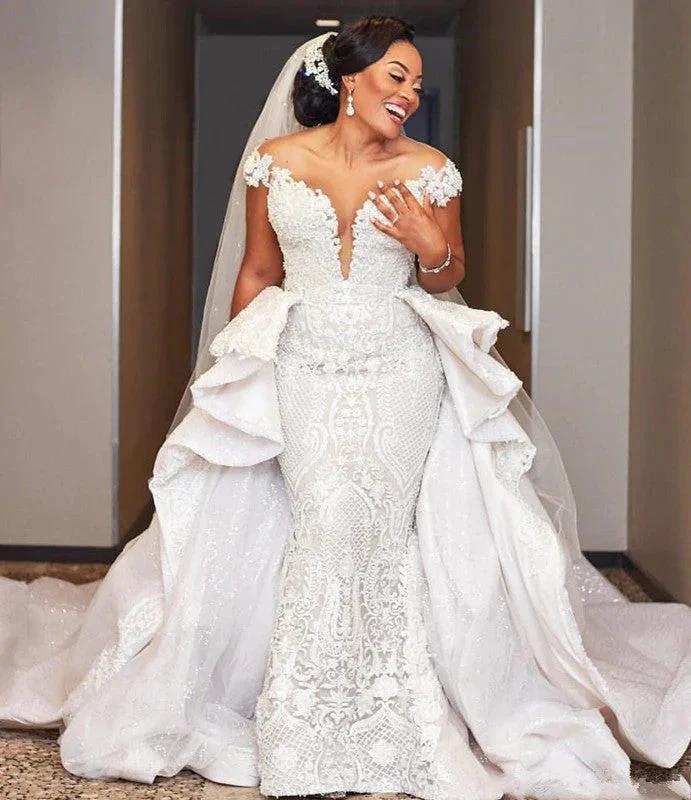 Cap Sleeves Mermaid Long Wedding Dress with Ruffles Overskirt - Image 2