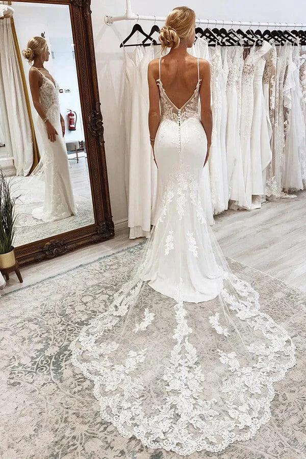 V Neck Mermaid Spaghetti Straps White Wedding Dress  WD736 - Image 2