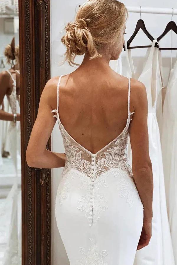 V Neck Mermaid Spaghetti Straps White Wedding Dress  WD736 - Image 3