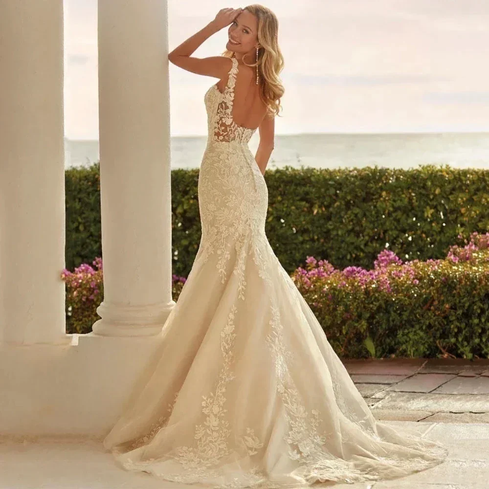 V-Neck Mermaid Wedding Dresses Sleeveless Sexy Backless Vestidos De Novia Applqiues Vestido De Noiva - Image 2