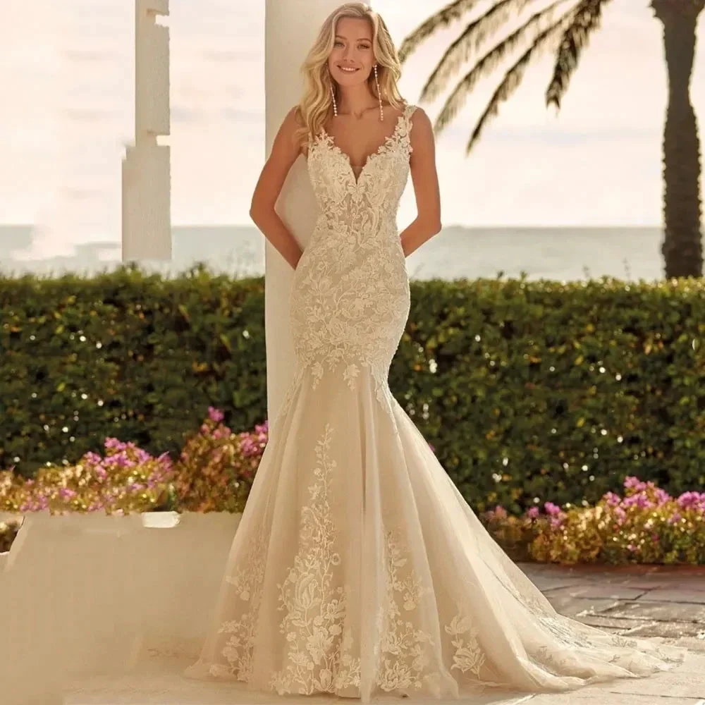 V-Neck Mermaid Wedding Dresses Sleeveless Sexy Backless Vestidos De Novia Applqiues Vestido De Noiva - Image 3