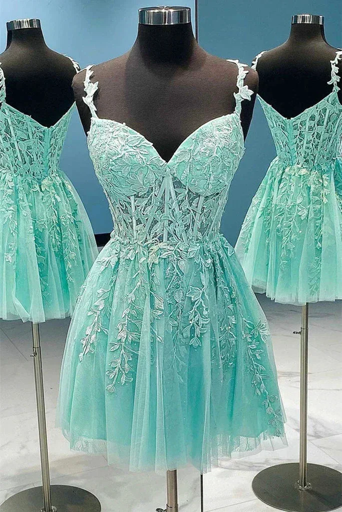 V Neck Mint Green Lace Homecoming Dress Y204 - Image 2
