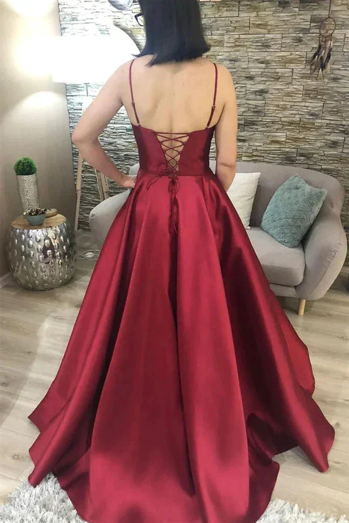 V Neck Open Back Burgundy Satin Long Prom Dress, V Neck Burgundy Formal Graduation Evening Dress Y210 - Image 2