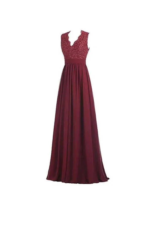 A-line V Neck Open Back Chiffon Long Evening Gown with Lace PG253 - Image 2