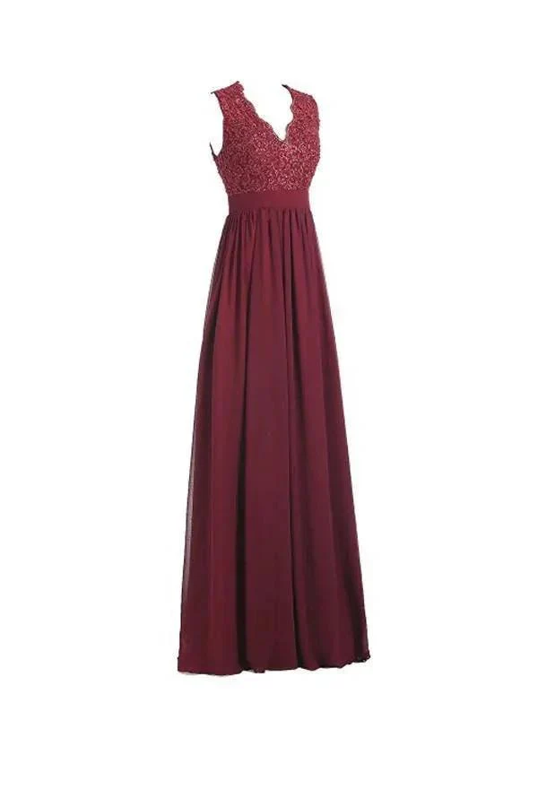 A-line V Neck Open Back Chiffon Long Evening Gown with Lace PG253 - Image 3
