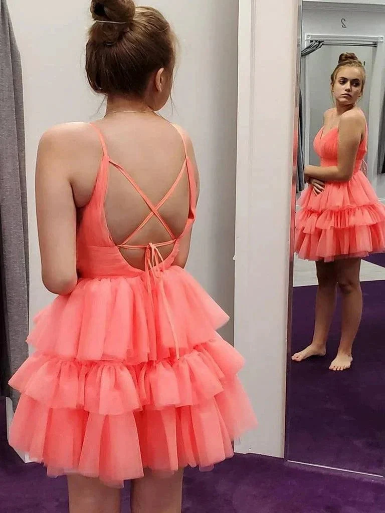 V Neck Layered Coral Short Prom Dresses Homecoming Dresses PD446 - Image 2