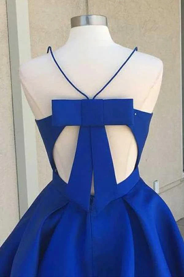 V-Neck Open Back Royal Blue Satin Homecoming Dress with Bowknot PD088 - Image 2
