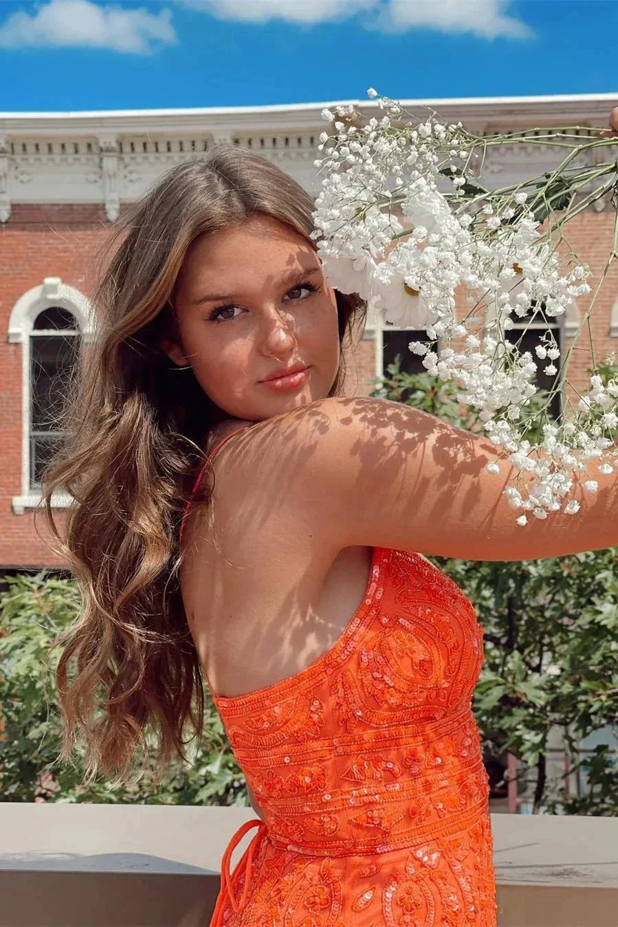 V-neck Orange Spaghetti Straps Sleeveless Homecoming Dresses With Lace - Image 3
