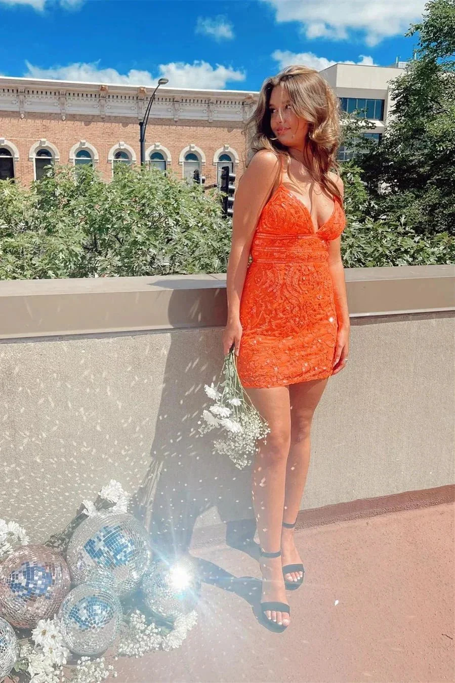 V-neck Orange Spaghetti Straps Sleeveless Homecoming Dresses With Lace - Image 7
