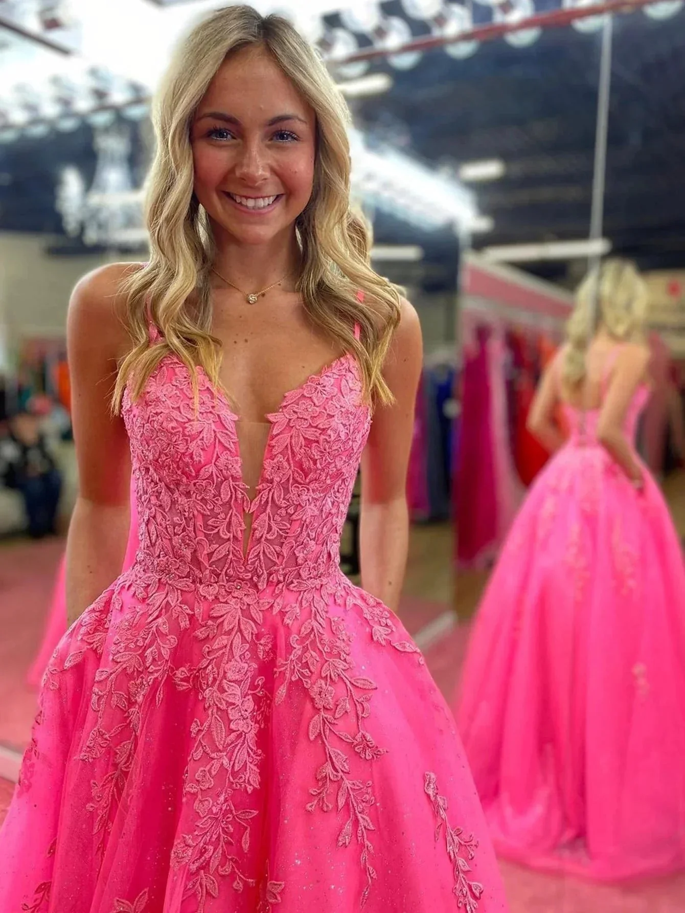 Angelina |V Neck Pink A Line Lace Long Prom Dress - Image 2