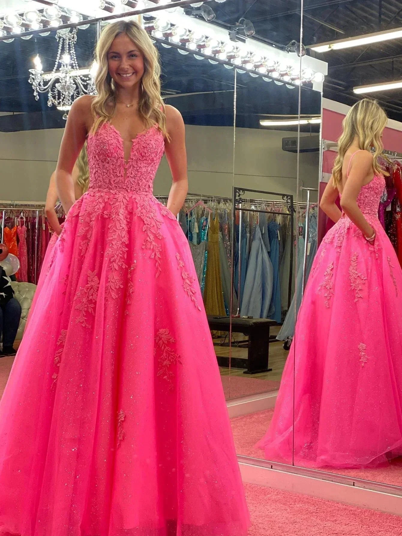 Angelina |V Neck Pink A Line Lace Long Prom Dress - Image 3