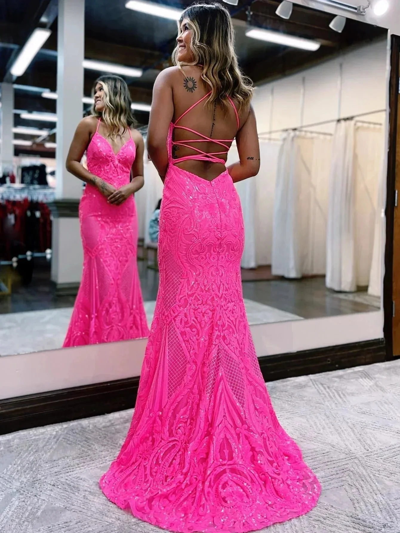 V Neck Pink Glitter Backless Mermaid Bodycon Long Prom Dress - Image 4