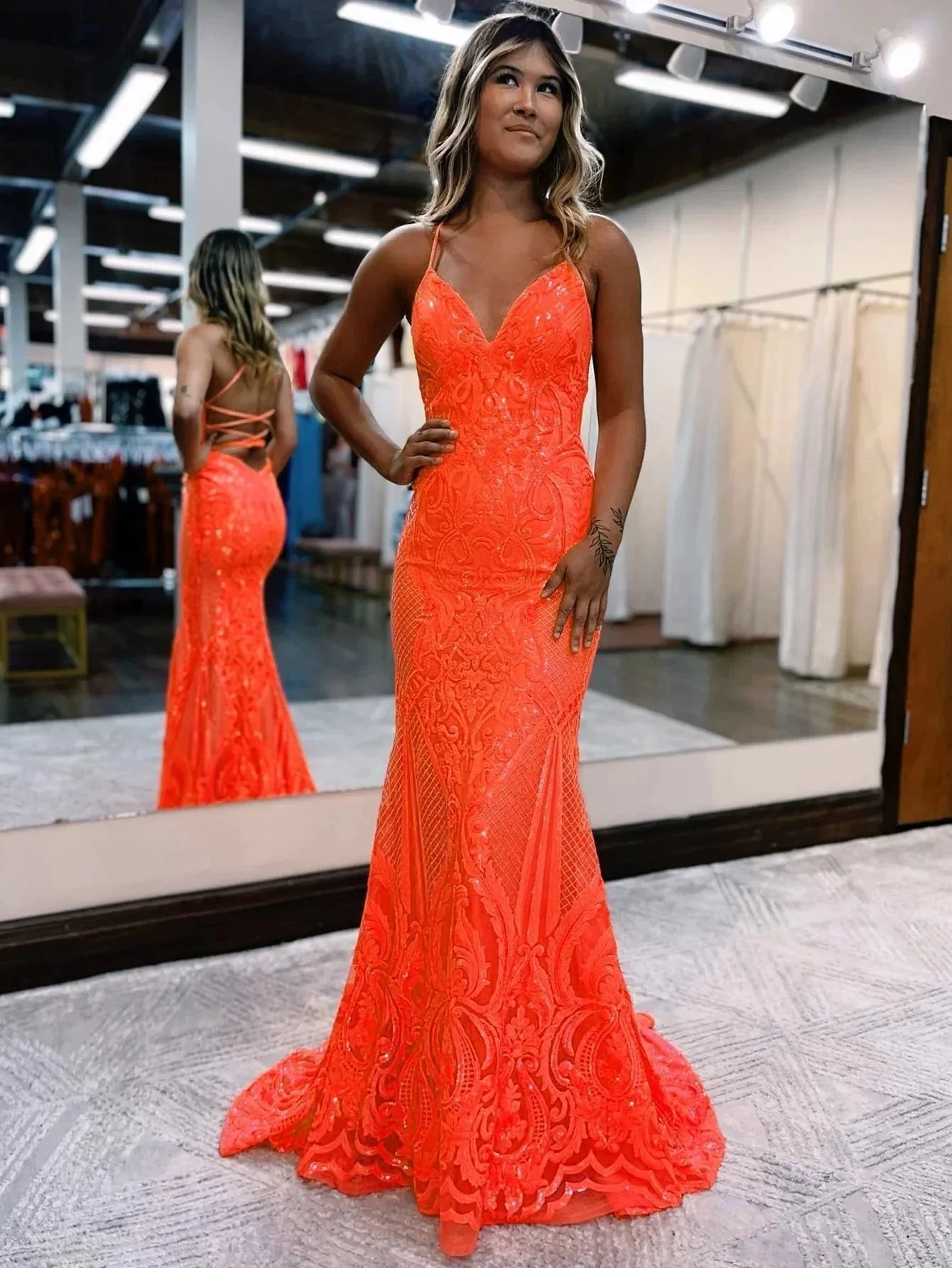 V Neck Pink Glitter Backless Mermaid Bodycon Long Prom Dress - Image 5