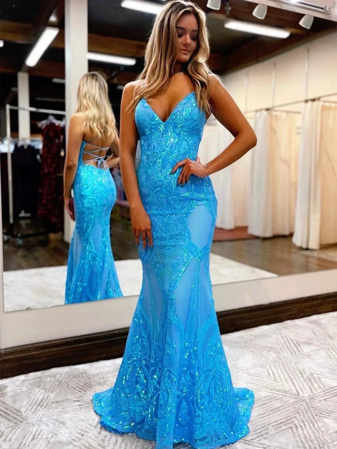 V Neck Pink Glitter Backless Mermaid Bodycon Long Prom Dress - Image 6