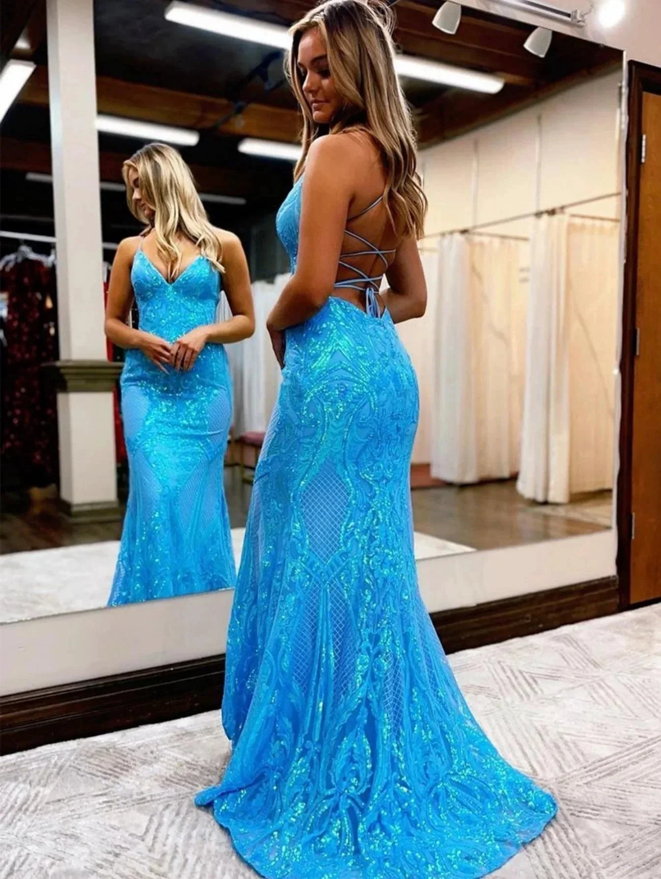V Neck Pink Glitter Backless Mermaid Bodycon Long Prom Dress - Image 7